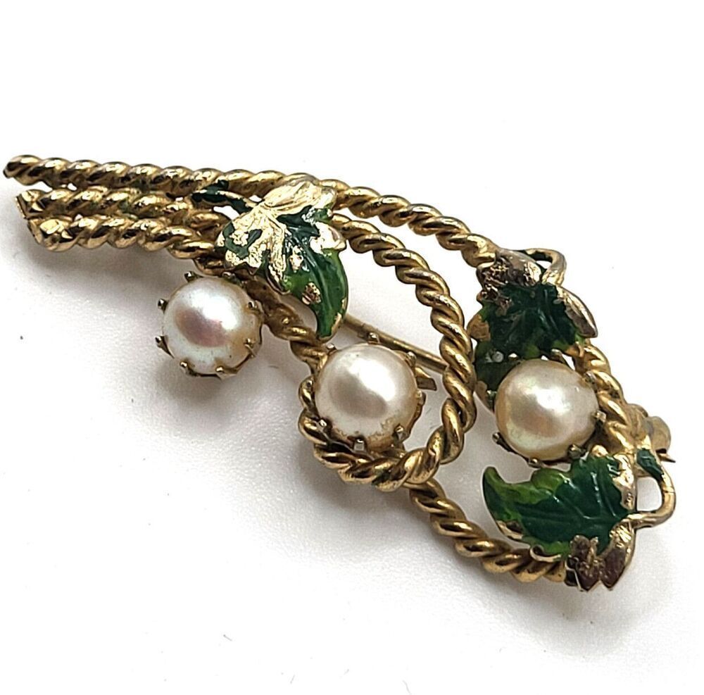 Stunning Antique Pearl and Enamel Leaf Brooch Pin 1.75in